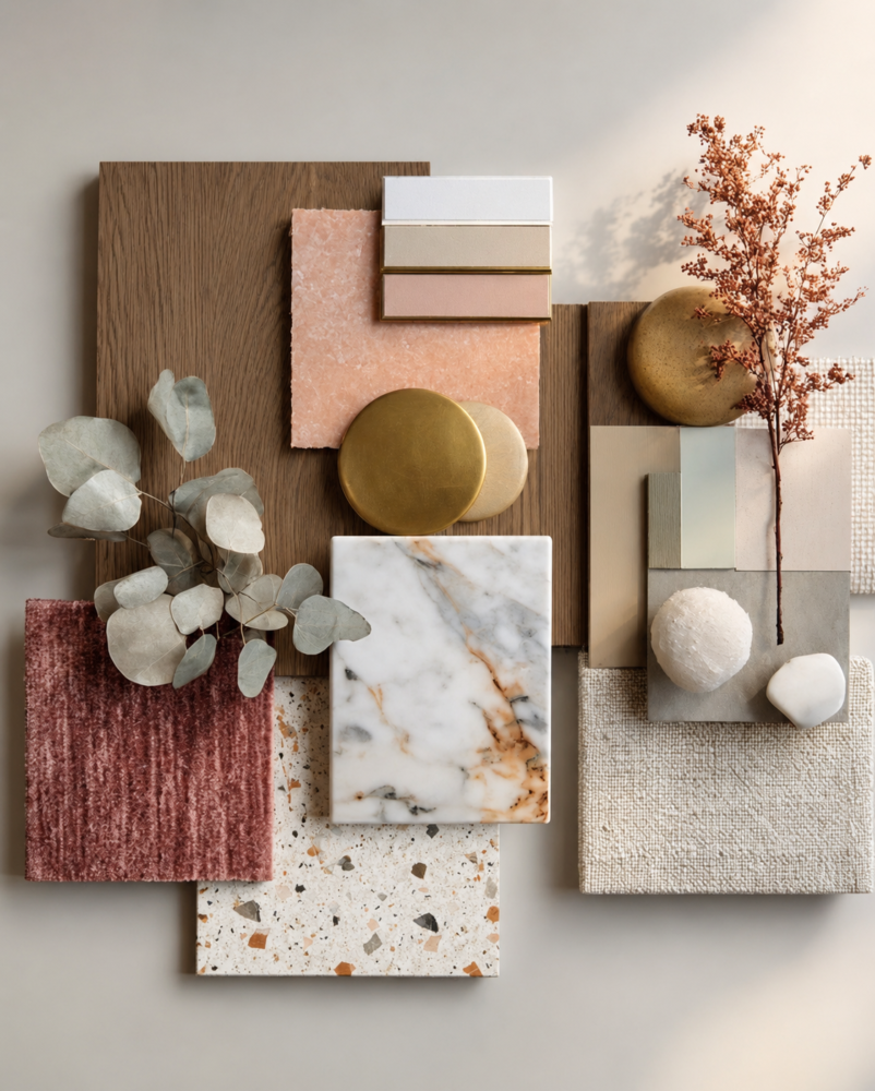 2026 bathroom trend colour palette with warm neutrals, wood, marble and stone