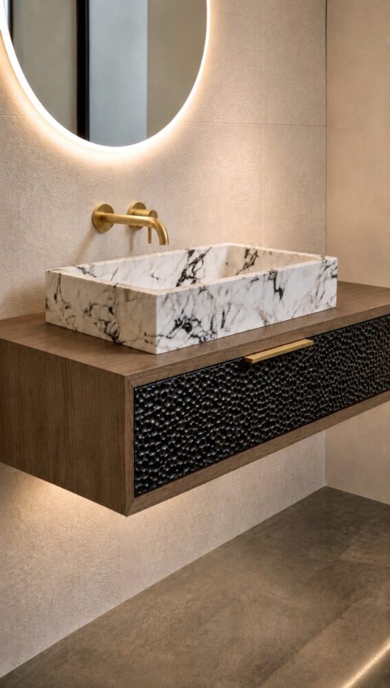 Bespoke bathroom vanity unit with integrated basin on a wall-hung cabinet, handmade by Jikka in Bromley